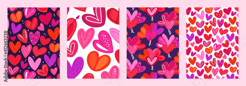 Set of cover templates with colorful hearts with hand-drawn texture. Designs for Valentine's Day. Symbol of love. Designs is for notebook, planner, diary, poster, card. Size A4. Vector illustration