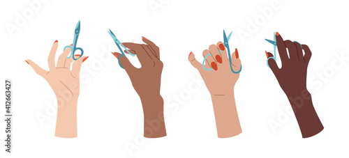 Female manicured hand with nail scissors set. Multiracial trendy hands nail design. Flat spa manicure accessories, equipment tools. Different nations Spa beauty trendy concept vector illustration