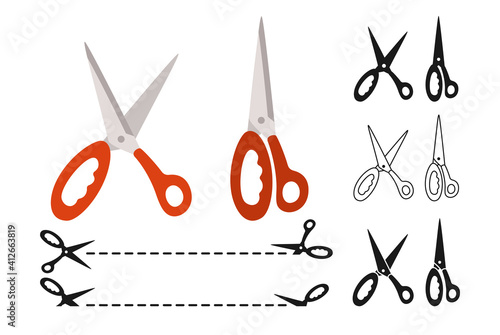Scissor cartoon set, gotted cutting coupon border. Label discount sign. Craft flat scissoring. Discount symbol cut edge. Open, closed cutting or nippers collection. Vector illustration