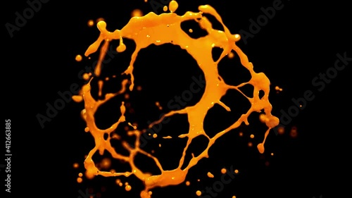 Incredibly beautiful splash of orange juice in slow motion. The force of surface tension breaks the surface of the  for small drops and tendrils. Fully CG with alpha channel ready for compositing
