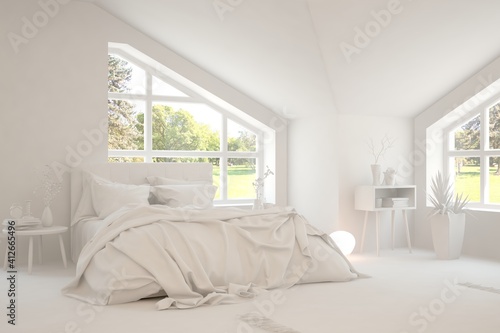 Stylish bedroom in white color with summer landscape in window. Scandinavian interior design. 3D illustration