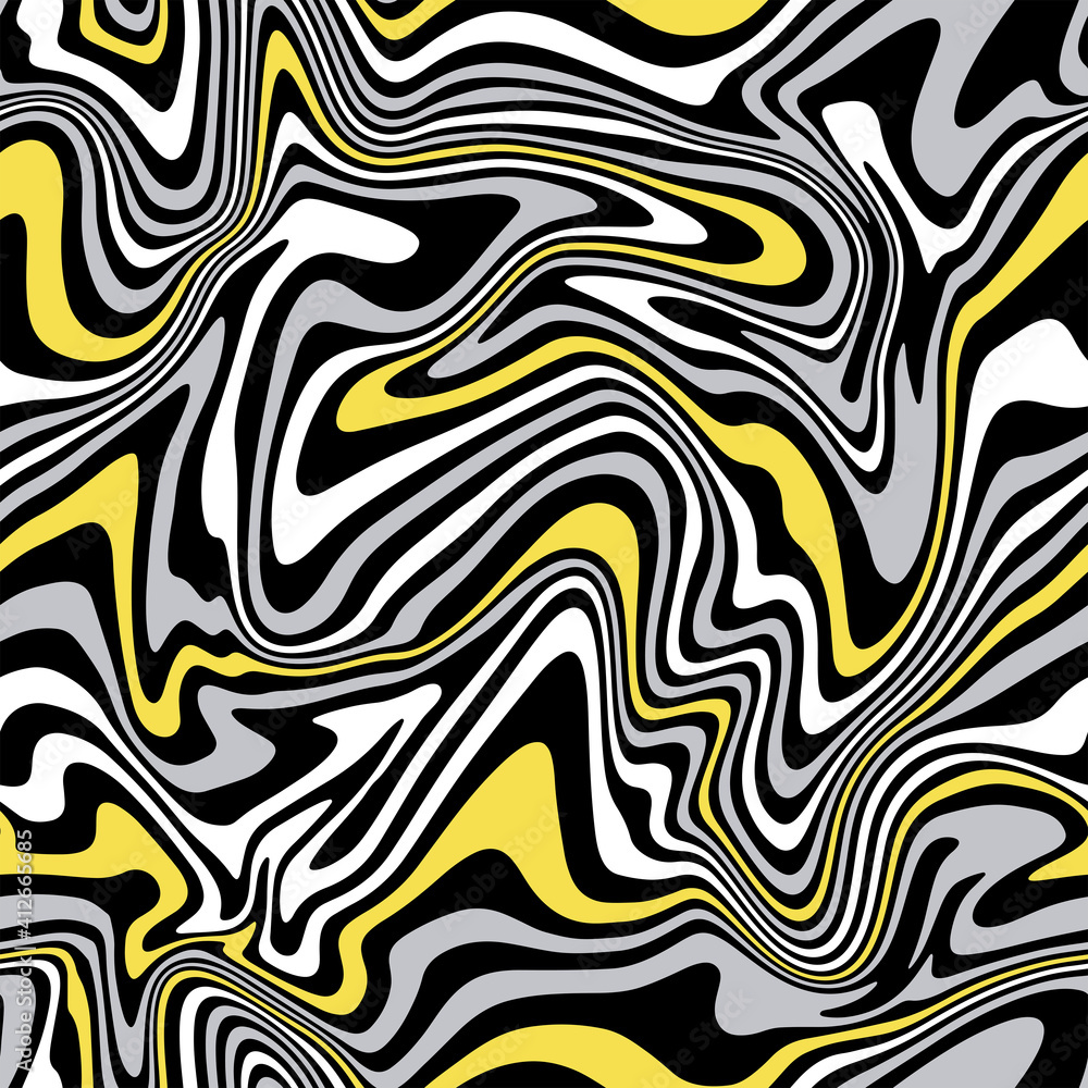 Vector seamless pattern. Abstract texture with bold monochrome wavy stripes. Creative distorted background. Decorative black, white, Illuminating yellow  and grey design.