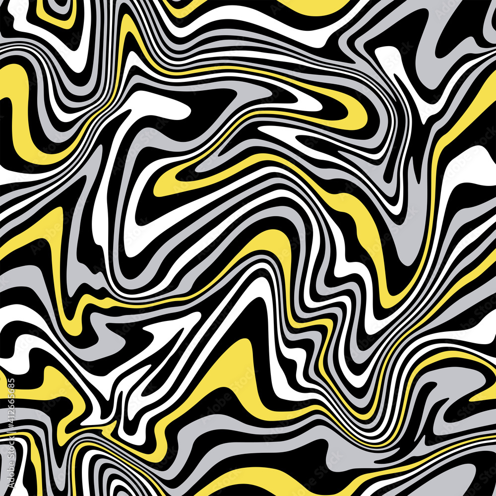 Obraz premium Vector seamless pattern. Abstract texture with bold monochrome wavy stripes. Creative distorted background. Decorative black, white, Illuminating yellow and grey design.