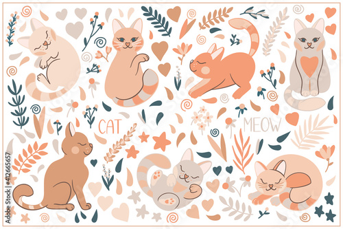 Collection of cute cat in different poses. Funny doodle kitty isolated on white background. Flowers, hearts and stars. Flat cartoon vector illustration.