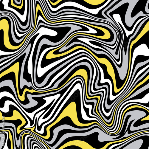 Vector seamless pattern. Abstract texture with bold monochrome wavy stripes. Creative distorted background. Decorative black  white  Illuminating yellow  and grey design.