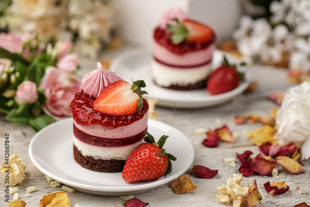 Mini strawberry cake on a white plat