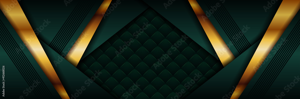 Abstract polygonal modern luxury green and gold design background .  Metallic glowing golden lines with dark combine overlap layer textured for  presentation banner cover web flyer card poster wallpaper Stock Vector |