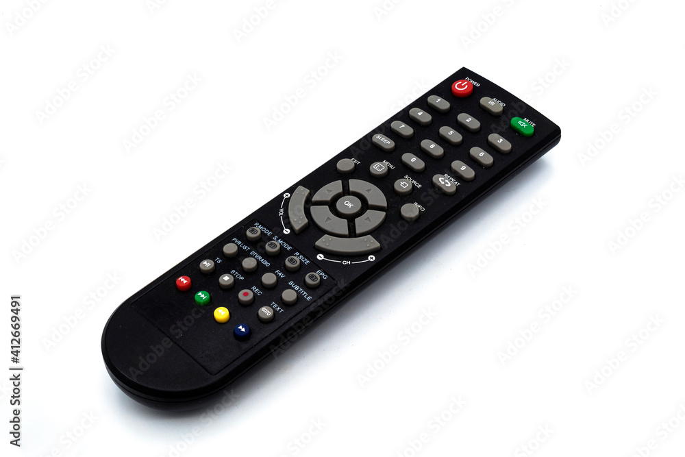 A black TV remote control isolated on a white background A black TV remote control isolated on a white background