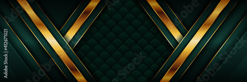 Abstract polygonal modern luxury green and gold design background . Metallic glowing golden lines with dark combine overlap layer textured for presentation banner cover web flyer card poster wallpaper