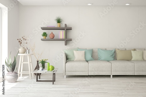 White living room with sofa. Scandinavian interior design. 3D illustration