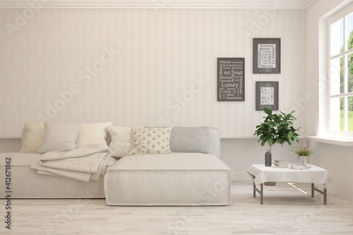 White living room with sofa. Scandinavian interior design. 3D illustration