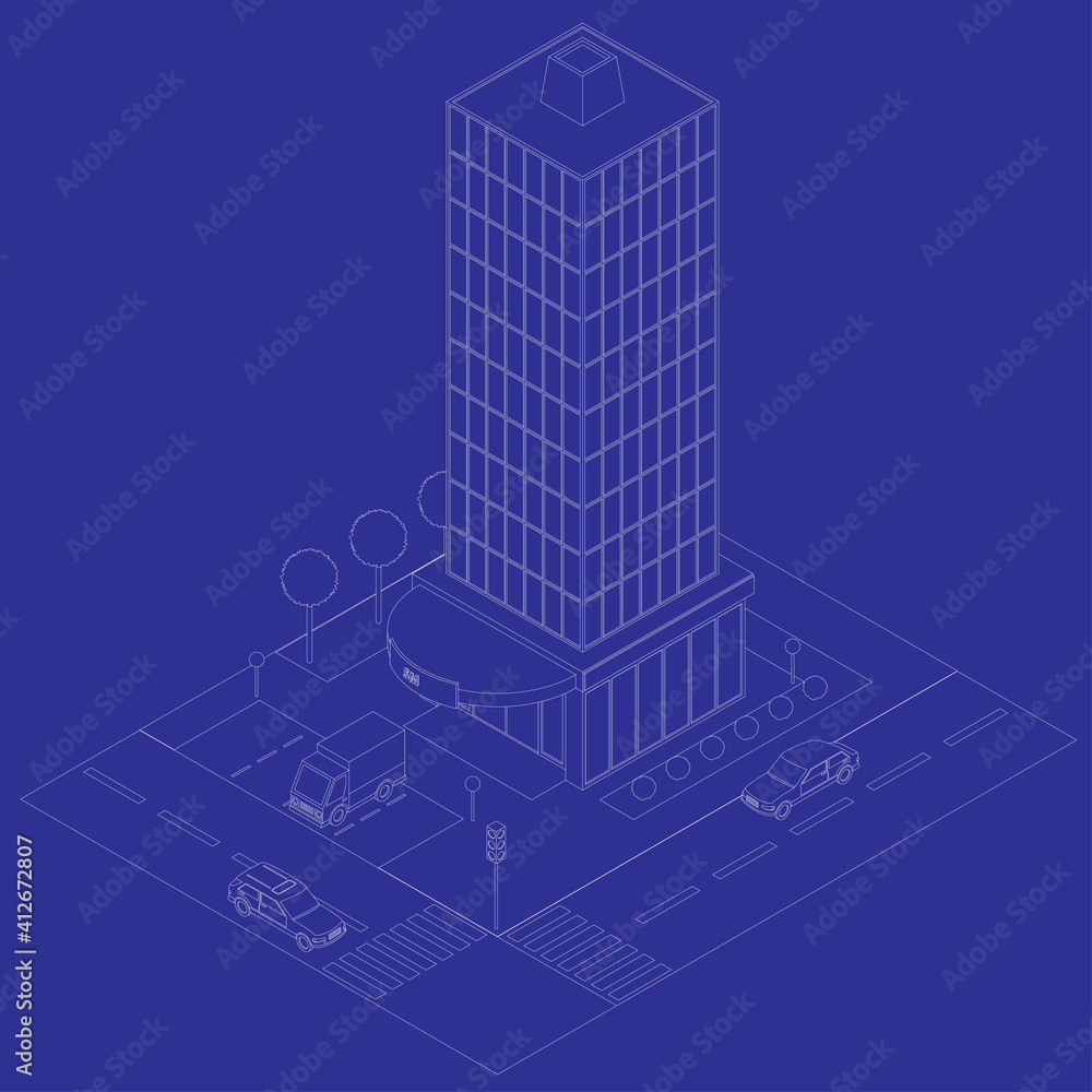 Isometric icon high glass building sketch. Urban elements modern architecture