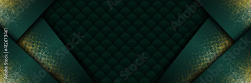 Abstract polygonal modern luxury green and gold design background . Metallic glowing golden lines with dark combine overlap layer textured for presentation banner cover web flyer card poster wallpaper