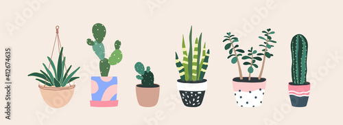 Cactus and succulent in flowerpot. Houseplants isolated. Trendy hugge style, urban jungle decor. Hand drawn. Set collection. Green, blue, pink, white, black colors. Print, poster, banner. Logo, label.