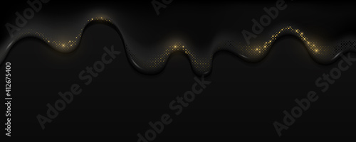 Realistic black oil with golden glitter halftone effect flows down. Dark liquid and sparkling dots. Trendy background for graphic design. Vector illustration.