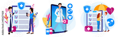 Set of illustrations of a medical theme. Doctor online in the phone. The patient fills out a complaint card. Health insurance protection.