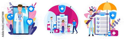 Set of illustrations of a medical theme. The doctor is online in the phone. Family health insurance. Prescription for medicines.