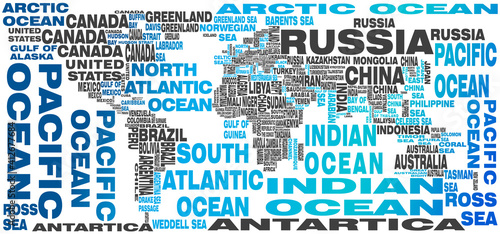 world map made of names of all countries, oceans and seas