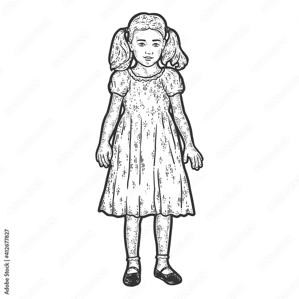 Child, girl in a dress. Sketch scratch board imitation coloring. Engraving raster Child, girl in a dress. Sketch scratch board imitation coloring. Engraving raster