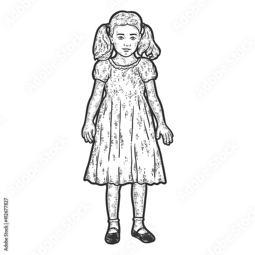 Child  girl in a dress. Sketch scratch board imitation coloring. Engraving raster