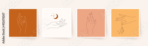 Set of female hands in minimal linear style. Modern single line art. Vector illustration.