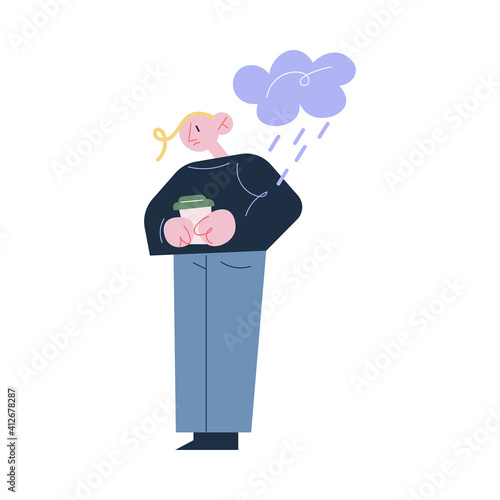 Young unhappy man worker walking to office with coffee and suffering from depression