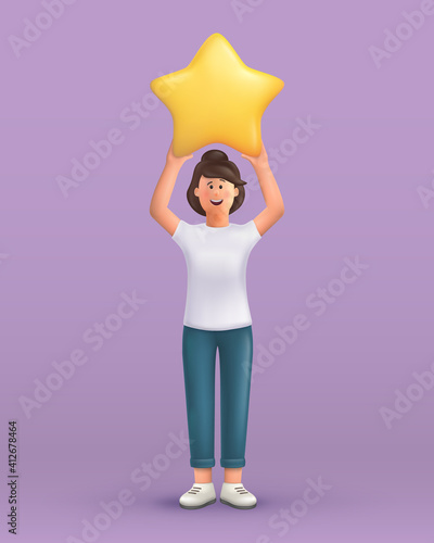 3D cartoon character. Young woman holding star. Customer review rating and client feedback concept.