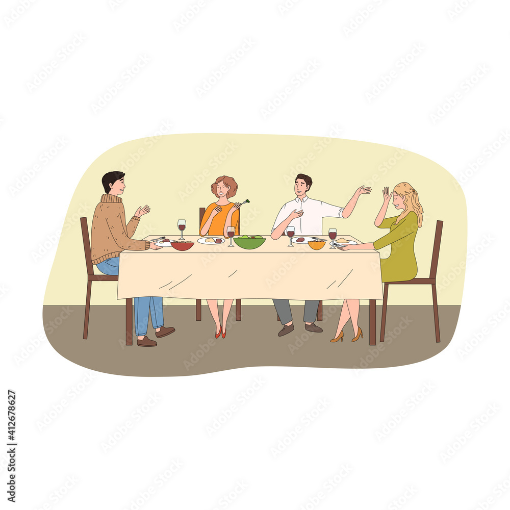 Fototapeta premium Happy young friends celebrating holiday having festive dinner together