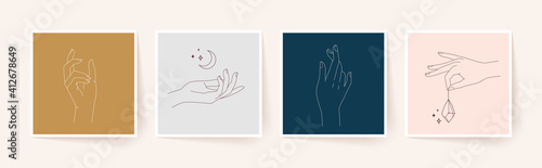 Set of female hands in minimal linear style. Modern single line art. Vector illustration.