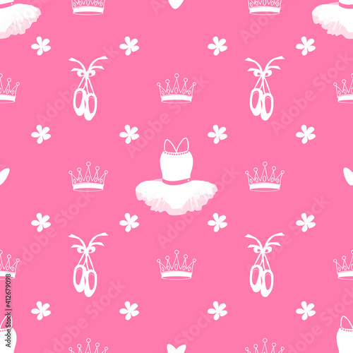vector seamless pattern featuring tutu, pointe shoes, crowns and flowers