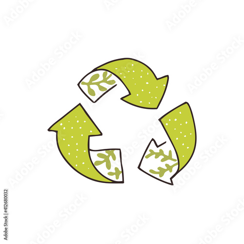 Hand drawn recycling icon, tree green arrows. Eco friendly stamp sketch with leaves. Vector symbol.