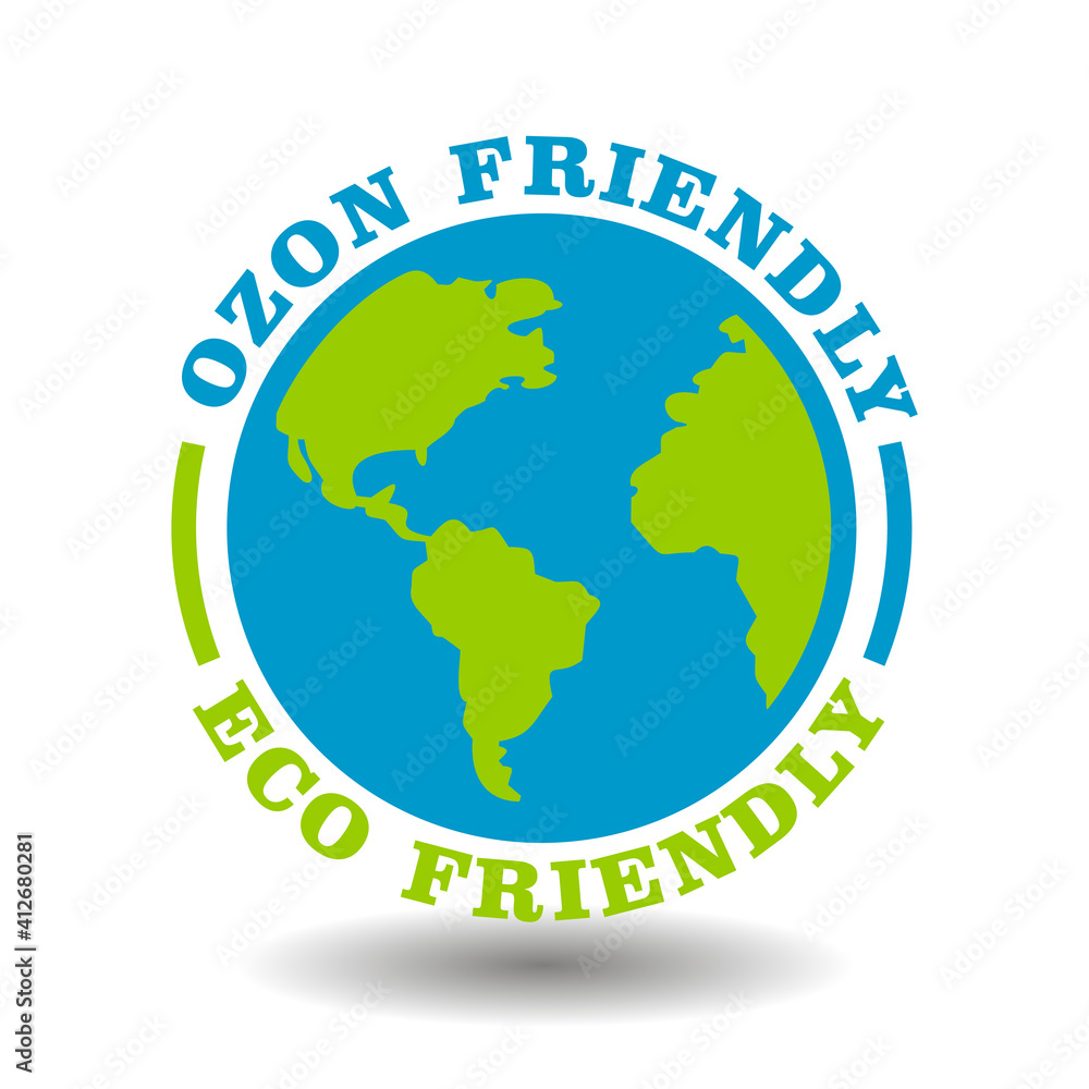 Eco friendly sign, ozone friendly icon with Earth symbol isolated on white. Round stamp for ecological organic natural products packaging Eco friendly sign, ozone friendly icon with Earth symbol isolated on white. Round stamp for ecological organic natural products packaging