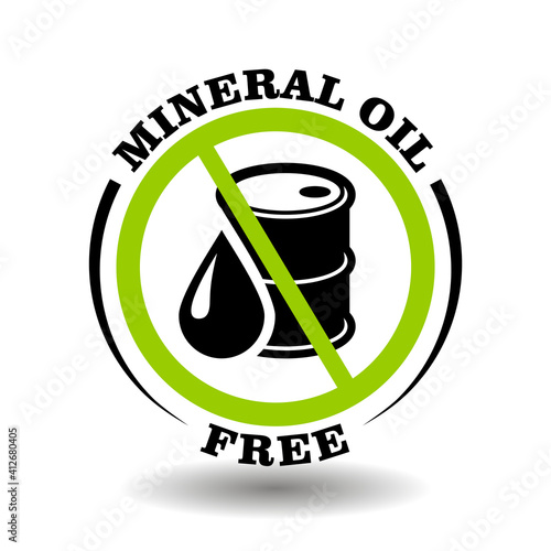 Mineral oil free vector stamp with prohibited petroleum canister drop. Round icon for natural products package,  No synthetic oils sign in organic cosmetics