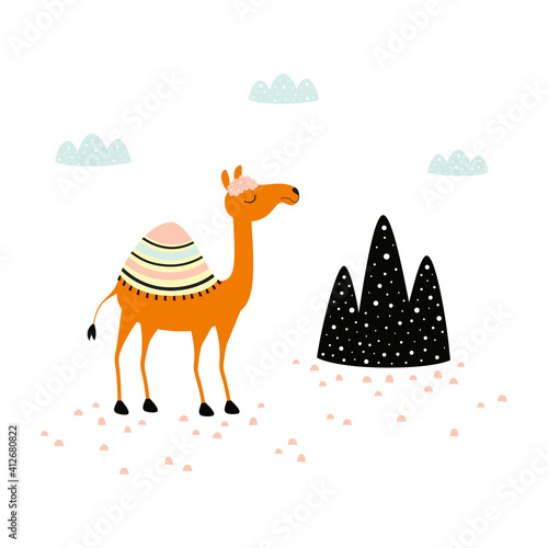 card with cute camel on white, vector illustration
