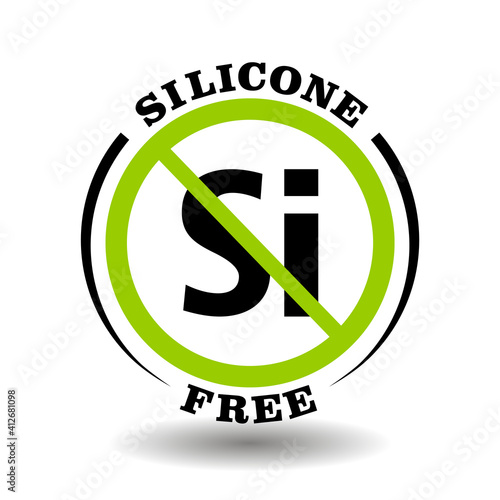 Prohibited vector stamp Silicone free for bio packaging label. Round sign No Si in healthy products logo, bio chemicals icon, organic cosmetics pictogram, natural medical farmacy marking