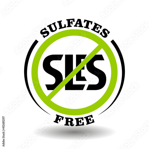 Sulfates free vector stamp with prohibited SLS, no SLES, lauryl, laureth additives for natural cosmetics icon and chemicals packaging symbol photo