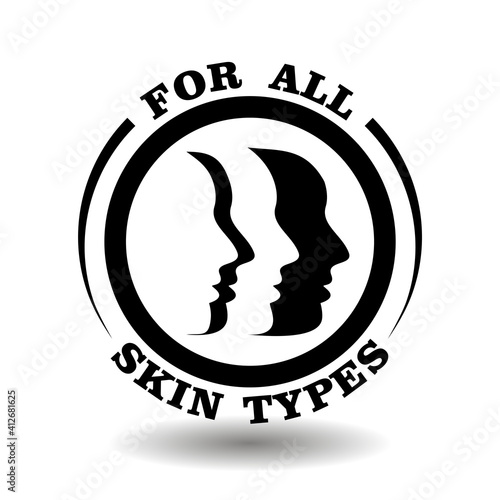 Vector stamp with face profiles illustration for cosmetics packaging label. Round icon of cream, lotion, soap, shampoo for all skin types