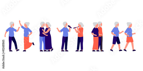 Senior people men and women active spending time together on leisure. Old couple dance, doing sport, sing and doing other leisure activities. Vector isolated illustration