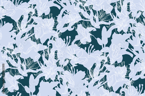 Winter spotted seamless pattern with white silhouettes of lilies flowers, buds and leaves drawn by hand in freehand style with solid fill background. Home textile, wallpaper, fabric, package. © Rina Ka