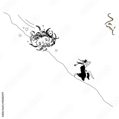 Woman running downhill pursued by huge severed male head. Salome and John the Baptist. Female Sisyphus. Escape from dependent relationships,. Hand drawn original style graphic art.