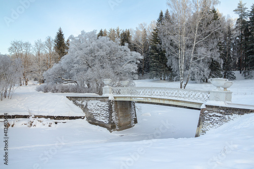 Evening in the winter park. Pavlovsk, the vicinity of St. Petersburg. Russia