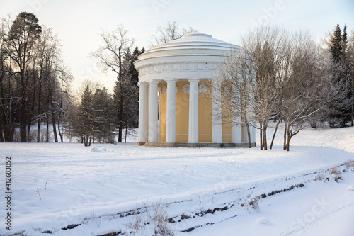 Evening in the winter park. Pavlovsk, the vicinity of St. Petersburg. Russia
