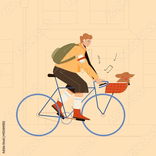 Man or student riding a bike with cute dog in a basket, listening music in earplugs using smartphone. Vector illustration. City outline background