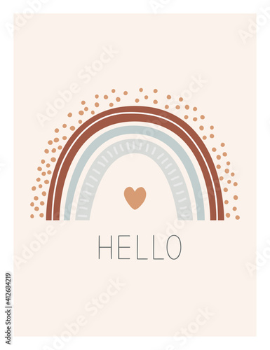 Cartoon rainbow with Hello phrase. Cute kids poster, card, or print in nordic style. Hand drawn vector illustration, design element for Scandinavian interior