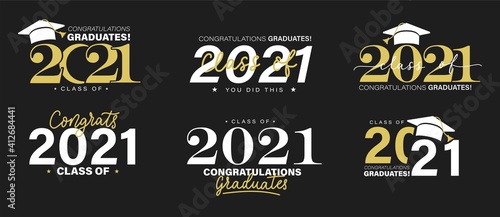 Class of 2021 vector badges set. Congrats graduates concept. Black, gold and white graduation logo collection.