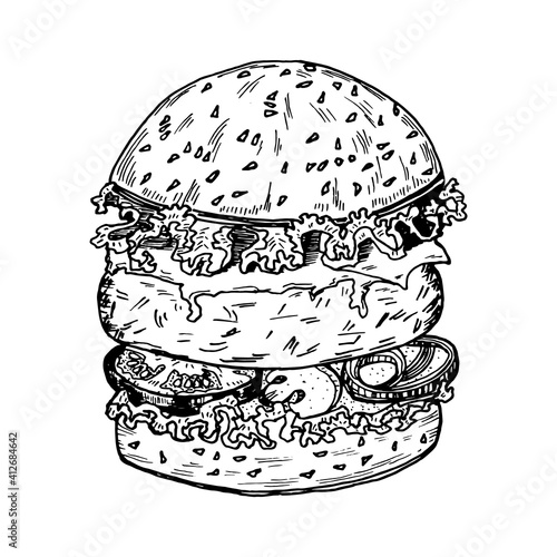 Burger in vintage style. Fast food of vegetables, cutlets and buns. Hand drawn vintage illustration. 