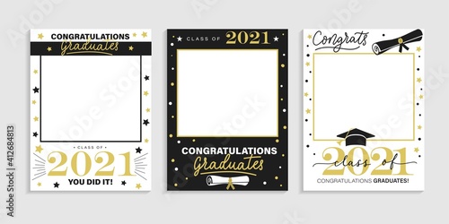 Class of 2021. Graduation party photo booth props set. Photo frame for grads with caps and scrolls. Congratulations graduates concept with lettering. Vector illustration. Gold and black grad design.