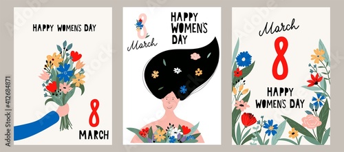 Happy Women's day greeting card set. 8 March cute posters, cards, flyers for spring holiday. Women holding flowers, arm with a bouquet, floral background. International Women's day Vector illustration