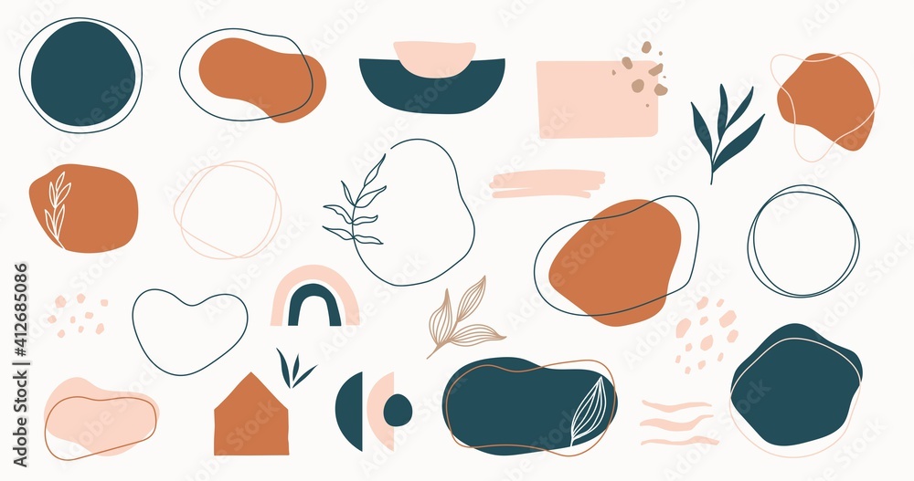 Set of hand drawn shapes in terracotta, navy blue and blush pink colors. Collection of organic shapes, logo, backgrounds,abstract design elements with floral decor.Vector illustration in earthy colors - obrazy, fototapety, plakaty 