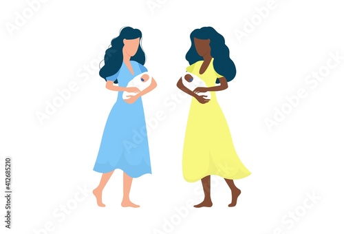 Women holding a baby on flat style vector illustration. Afro american female with a child flat style. Happiness and parenthood concept. Female mother, nurse holding a newborn. Day-care center design.